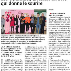 Article parut dans Le Dauphiné Libéré, le 21 janvier 2024 et intitulé : Les Optimales, un salon du livre qui donne le sourire.